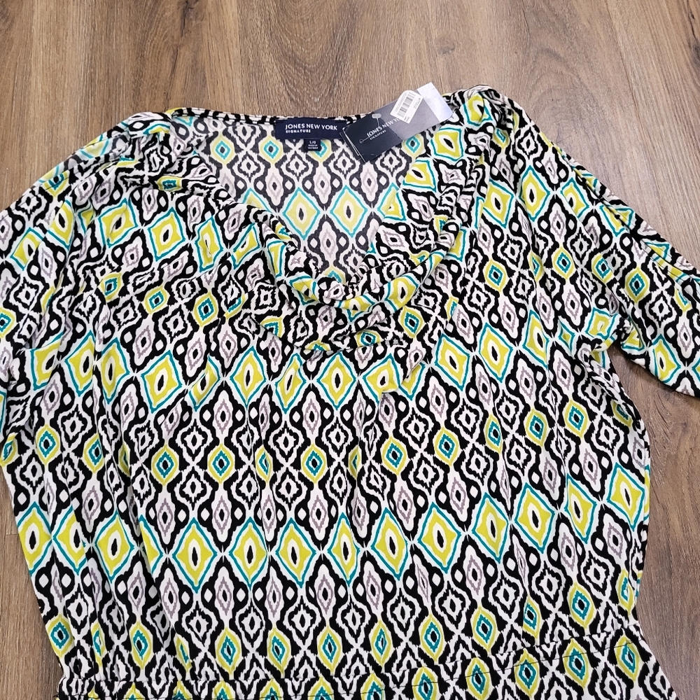 Jones New York Geometric Print Dress Large Stretch Knit Modest Career New Office - Picture 3 of 11